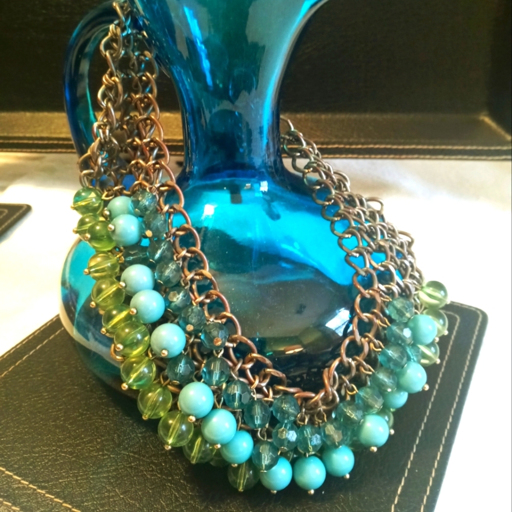 Bold Statement Necklace on Chain link with Blue and Green Beads